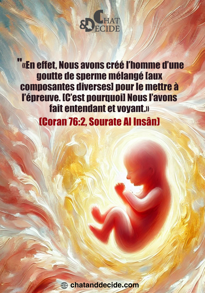 «En effet, Nous avons créé l’homme d’une goutte de sperme mélangé [aux composantes diverses] pour le mettre à l’épreuve. [C’est pourquoi] Nous l’avons fait entendant et voyant.» (Coran 76:2, Sourate Al Insân)
